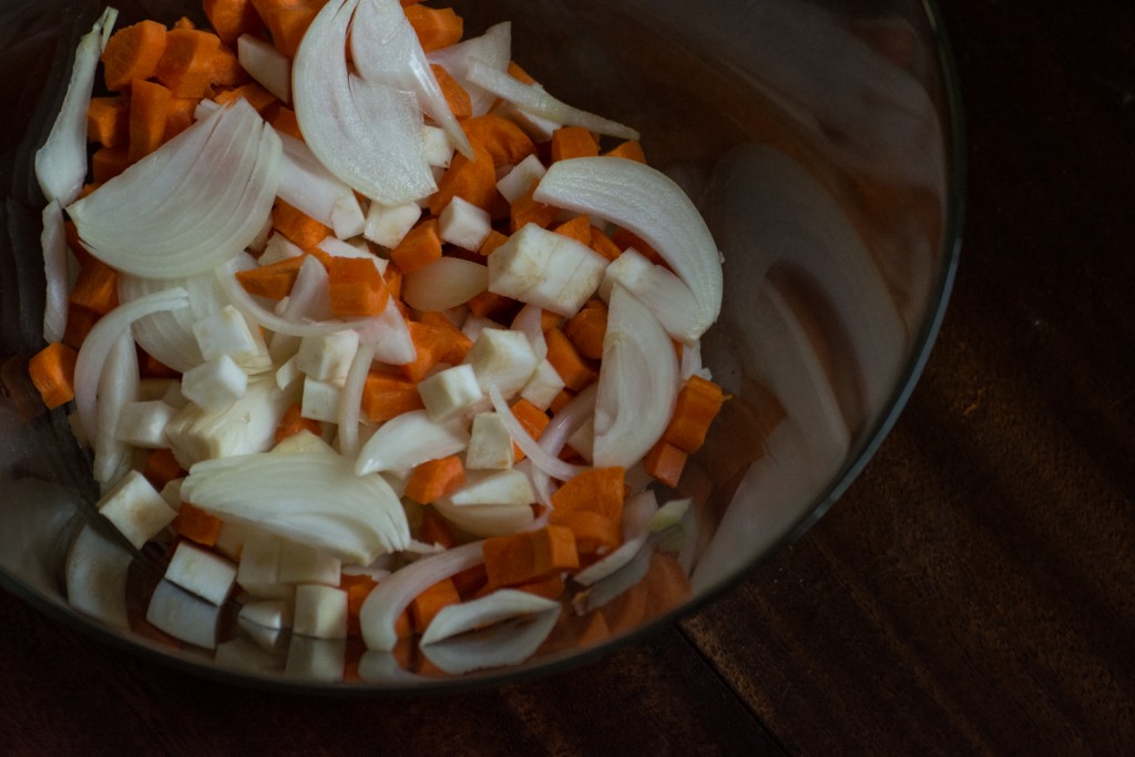 Chopped onion, carrot and celleriac