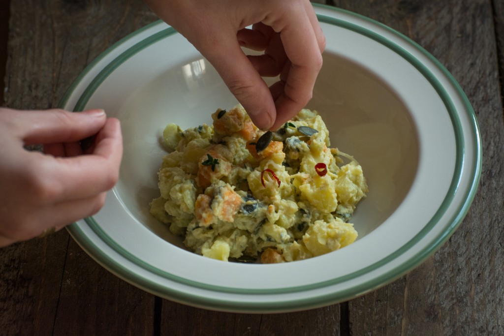 Garnishing potato salad