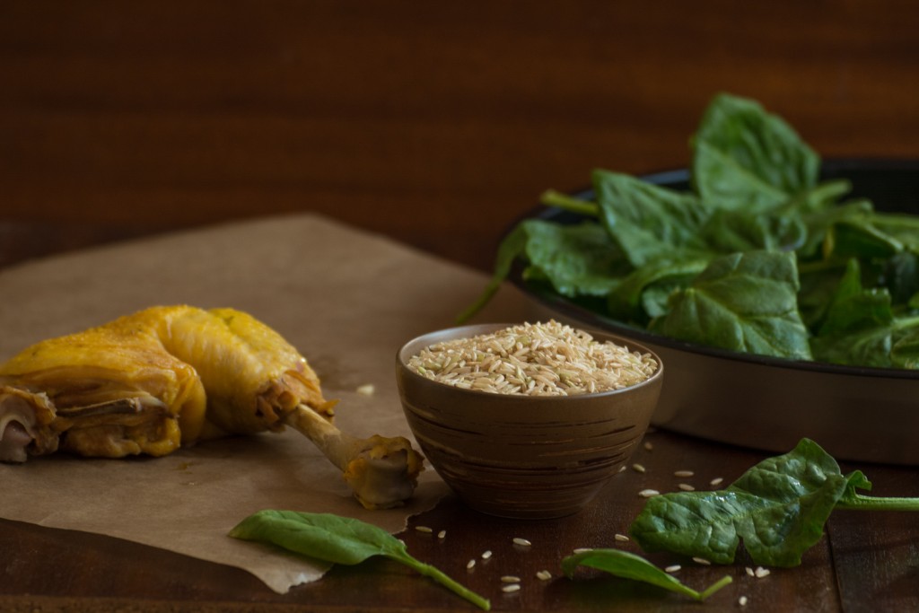 Chicken, spinach, brown rice