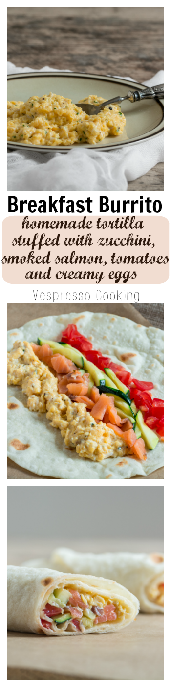 A delicious and nutritious breakfast burrito: homemade tortilla stuffed with sauteed zucchini, smoked salmon, cherry tomatoes and buttery creamy eggs.
