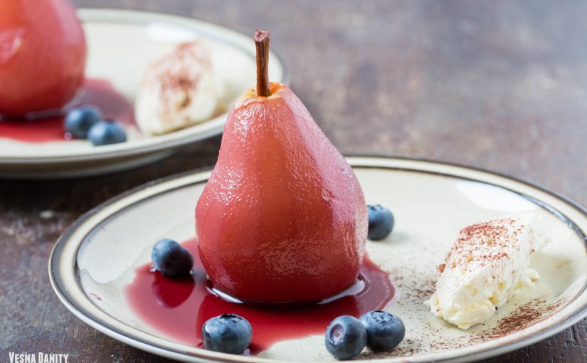 Red Wine – Poached Pears Served with Mascarpone Orange Blossom Cream