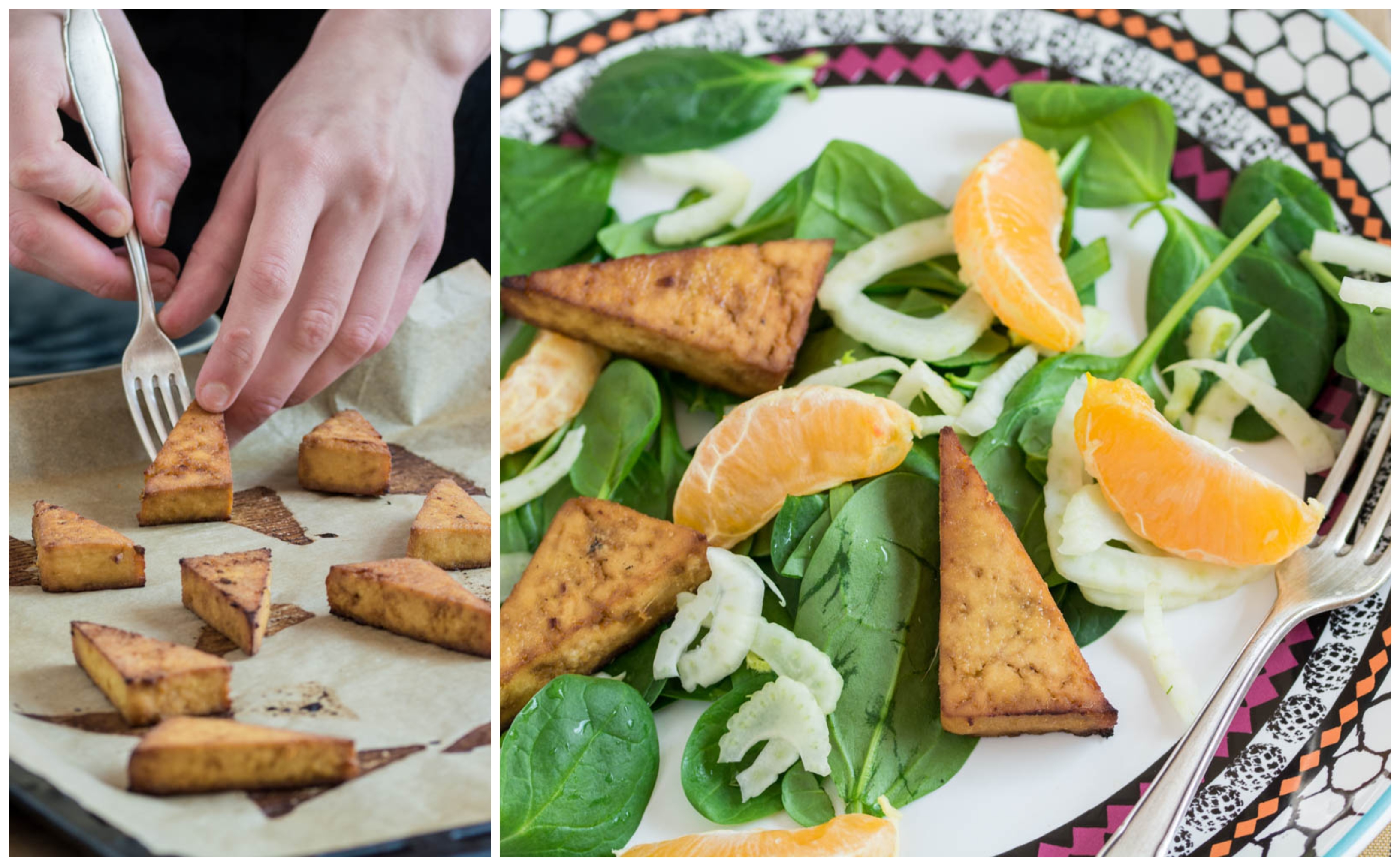 Salată de spanac cu tofu, fenicul și mandarine